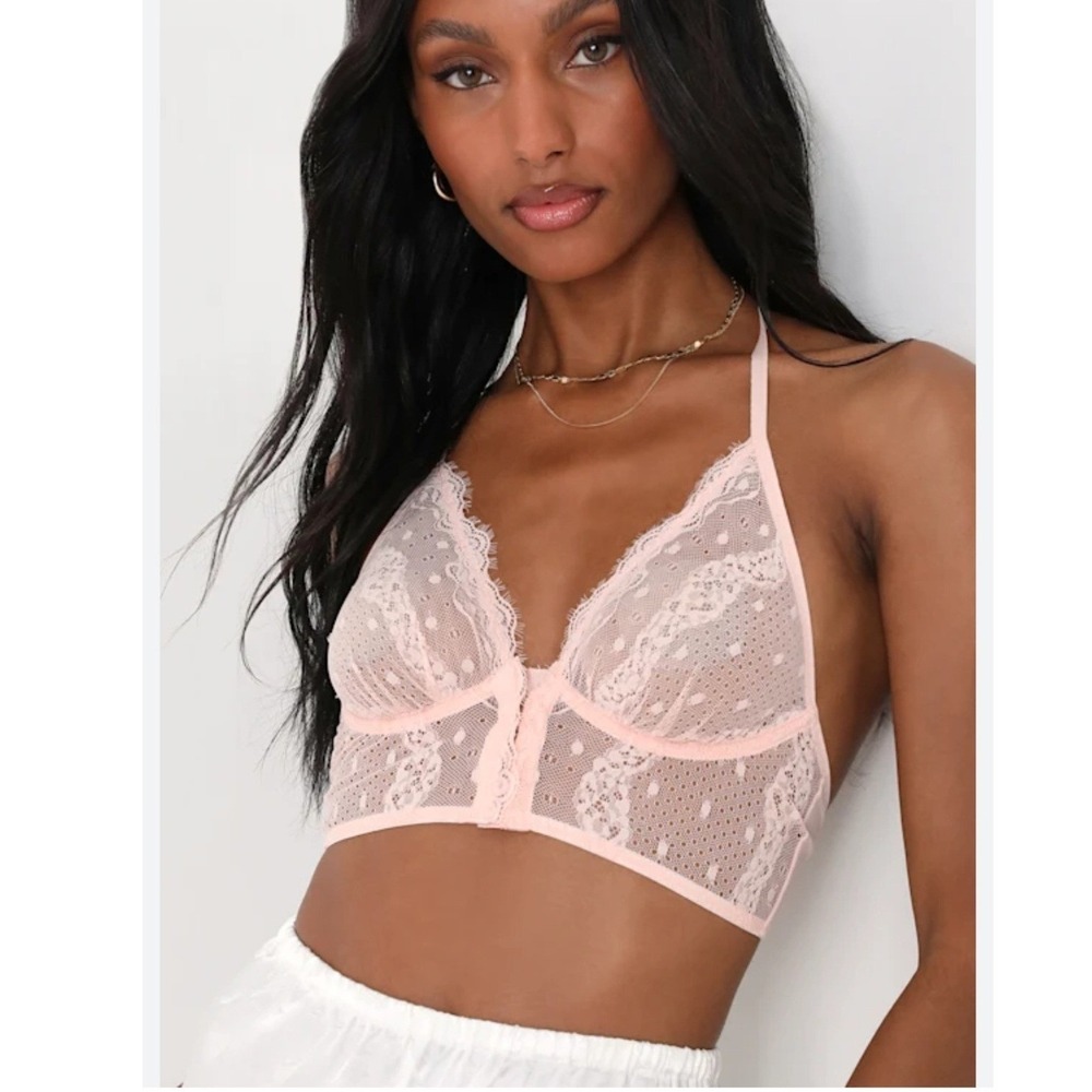 NWOT‎ Free People Lennox Pink Lace Bra Bralette Halter Front Hook Sheer Mesh M